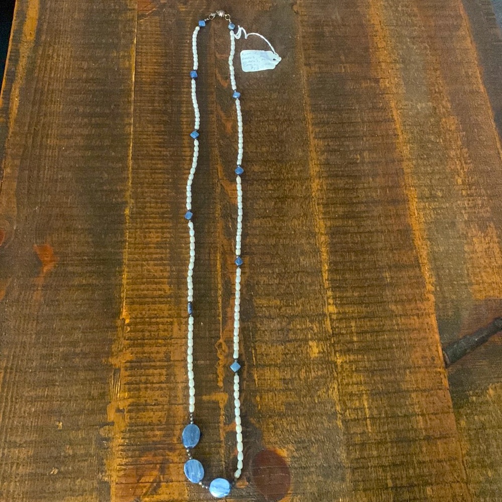 BLUE AND WHITE LONG NECKLACE. ITEM # 48
